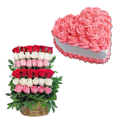"Heart shape strawberry flavor cake- 1kg, Beautiful Flower Arrangement - Click here to View more details about this Product